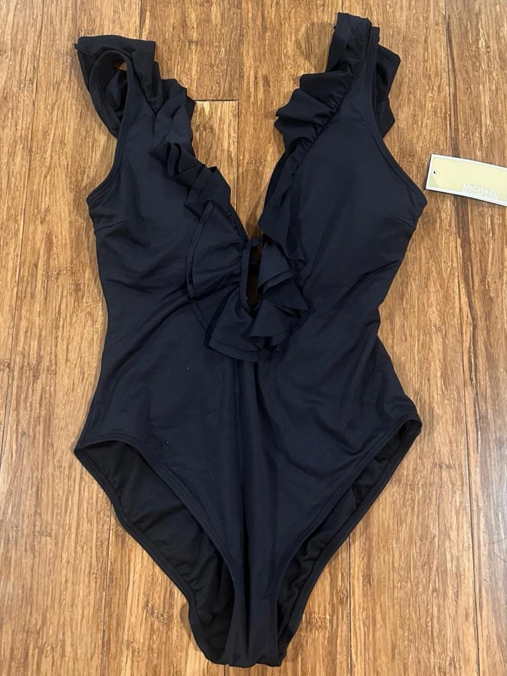 Michael Kors Black Ruffle V-Neck One-Piece Swimsuit